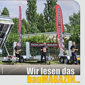 René Paul (Sales Manager), Tobias Ahrens (Geschäftsführung) und Patrick Jahn (After Sales Manager; v. li. n. re.) Brian James Trailers GmbH, GroßpösnaStörmthal (Sachsen)